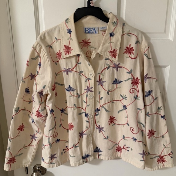 Bfa Classics Jackets & Blazers - Vintage BFA Classics Ivory Floral Embroidered Canvas Shirt Jacket Cottagecore 2X